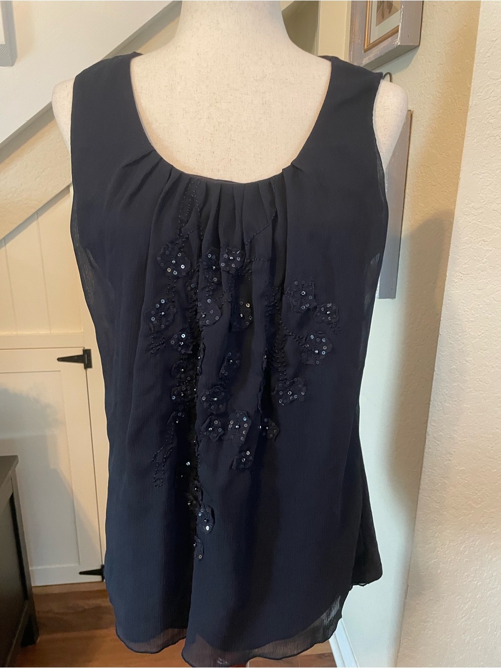 Coldwater Creek Beaded Chiffon Overlay Tank Blouse Navy Blue Medium M 10-12